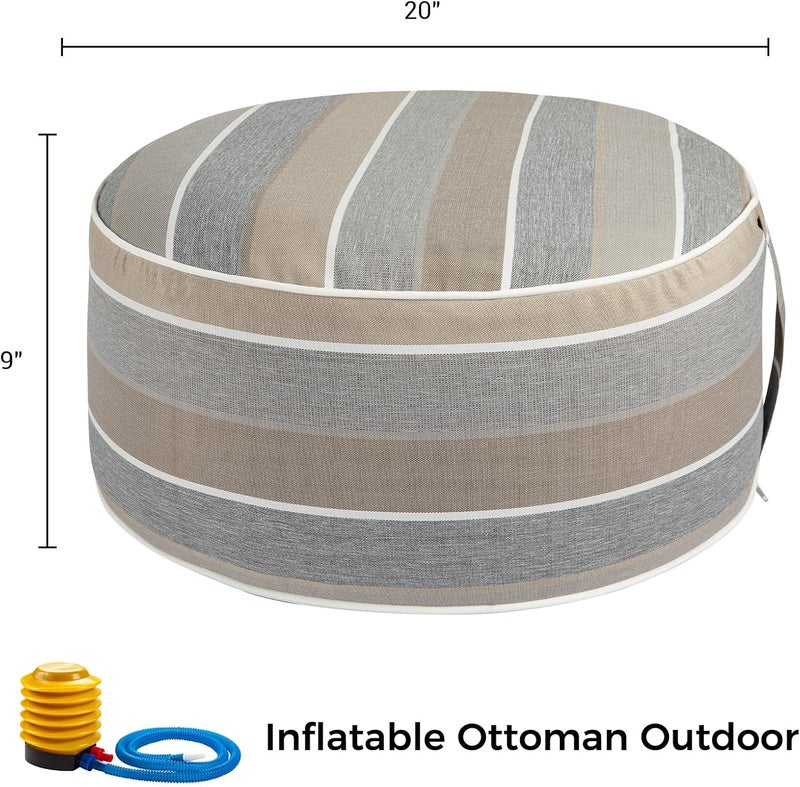 FUNHOME Inflatable Outdoor Ottoman with Air Pump,20"x9" Portable Patio Pouf,Water Resistant,Fade-Resistant,Round Blow Up Footrest Stools for Home Garden Camping Travel(Gray Stripe) - Image 2